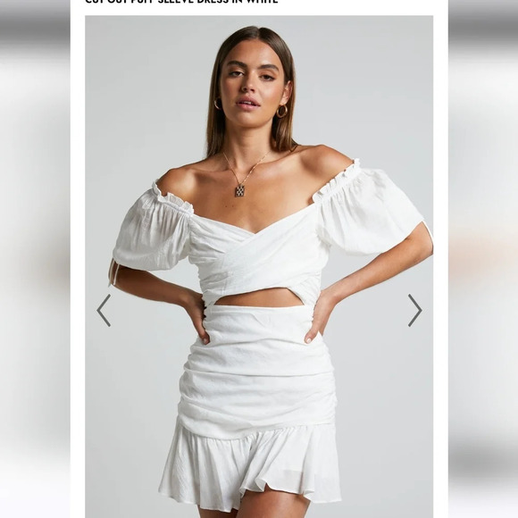 Showpo Dress Emileen Mini Dress Cross Front Cut Out Puff Sleeve Dress us 12 NWT - Picture 1 of 13